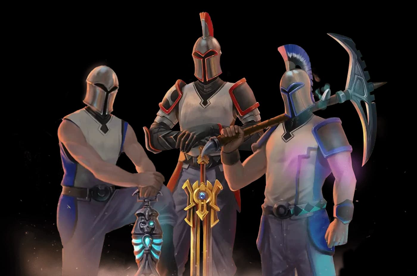 Three players equipped with weapons and tools