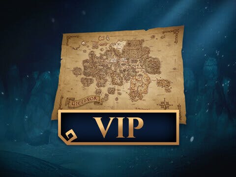 Une carte en papier montrant le monde de Giélinor avec un insigne VIP en dessous